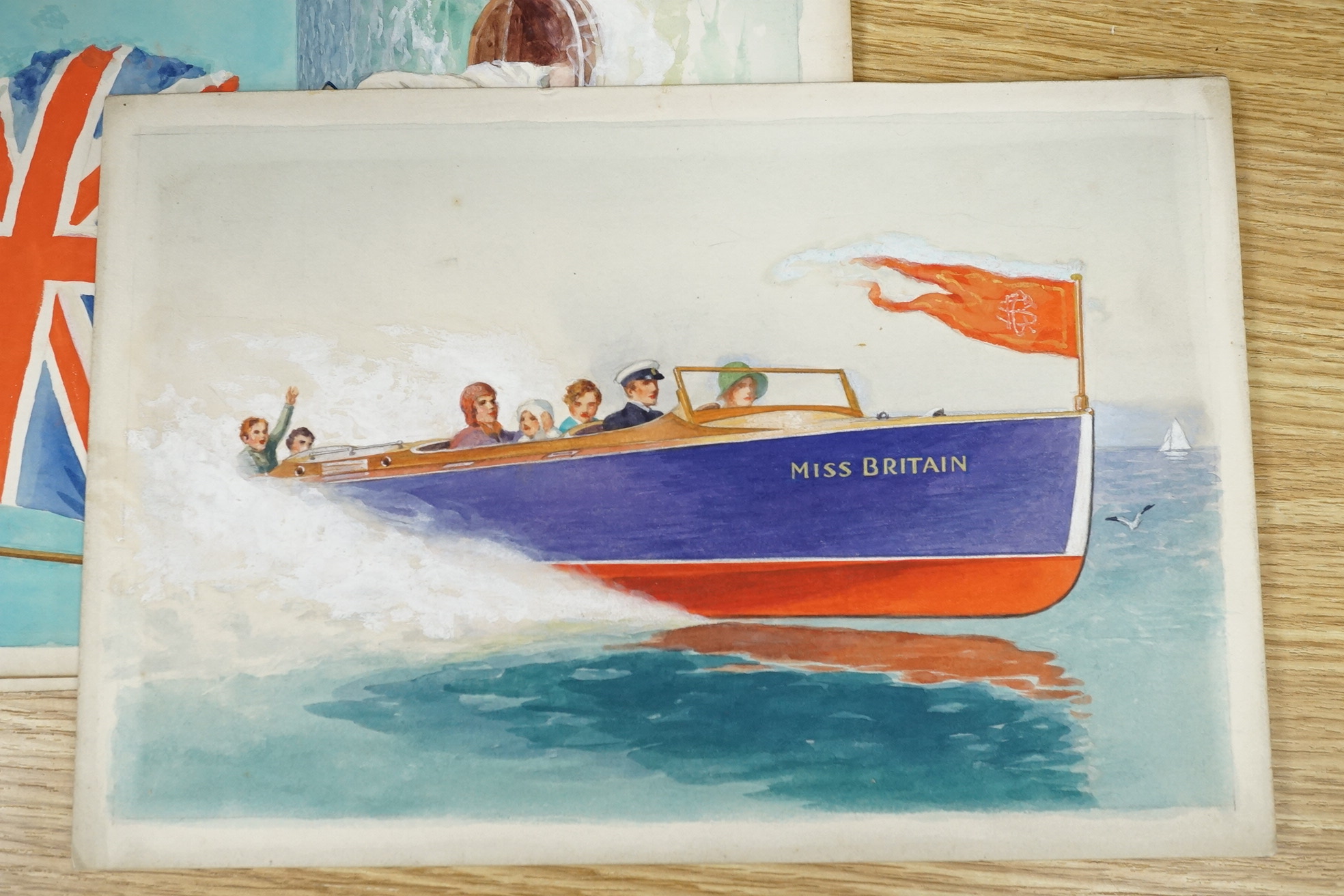 Charles Thomas Howard (1865-1942), four original watercolours for postcard designs, boating and yachting interest to include J Class Yachts Racing and Miss Britain Speedboat, two signed, largest 38 x 25cm, unframed. Cond